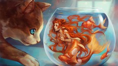 Animals cats fish goldfish mermaids blue eyes redheads artwork 