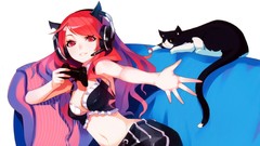 Animals cats headphones horns navel red eyes couch long hair 