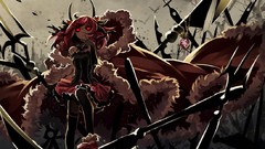 Animals dark weapons Birds trident horns red eyes gloves spears 