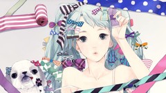 Animals Dogs Ribbons bows blue hair long hair anime girls blue 