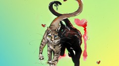 Animals love cats Hearts paintings Water Colors