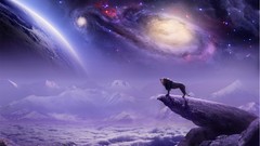 Animals Mountains clouds rocks Lions galaxies outer space 