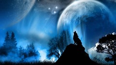 Animals night moon Wolves silhouettes planets