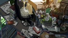 Animals room mess paint cats Books windows chairs ladder 