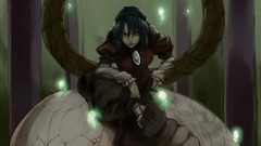 Animals snakes goddess red eyes sitting Ropes pants blue hair 