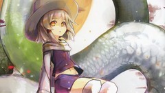 Animals snakes hats goddess navel sitting blondes skirts anime 