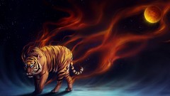 Animals Stars moon smoke Tigers fantasy art