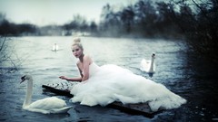 Animals water woman dress Swans blondes models ponds