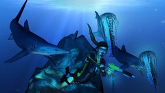 Animals water woman Guns game jellyfish underwater Sharks 