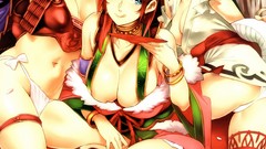 Animals weapons Katana snakes armor navel red eyes sitting 