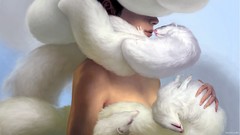 Animals white woman fur dress pets fantasy art