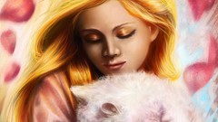 Animals woman cats blondes long hair