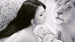 Animals woman Celebrity Lions grayscale Leah Dizon topless