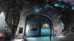 Animals woman gate skies futuristic