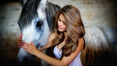 Animals woman Horses long hair brunettes