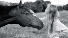 Animals woman Horses monochrome blondes black horses