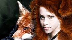 Animals woman redheads foxes fantasy art