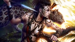 Animals woman weapons Knives Leopards brunettes Daggers artwork 