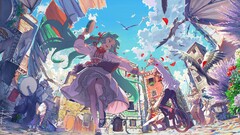 Anime anime girls Birds outdoors town legs blue hair long hair