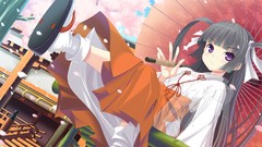 Anime anime girls black hair purple eyes Japanese clothes