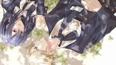 Anime anime girls blue eyes school uniforms black hair lying 