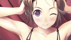 Anime anime girls brunettes sai wink bra hair bow purple eyes 