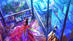 Anime anime girls colorful cyan blue looking up dark hair dress