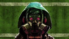 Anime anime girls gas masks glowing eyes hoods green background