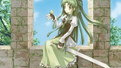 Anime anime girls green hair sword fantasy girl