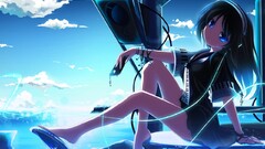 Anime anime girls legs barefoot blue eyes dark hair sky clouds