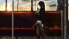 Anime anime girls legs crossed dark hair train closed eyes