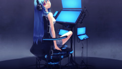Anime anime girls original characters blue hair headphones chair