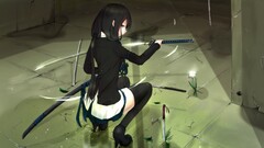Anime anime girls original characters Katana sword Squatting
