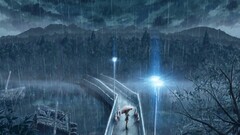 Anime anime girls rain night sky umbrella
