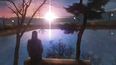 Anime anime girls sitting alone Lake sunset original characters