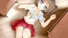 Anime artist floor desks blush anime girls blue eyes brunettes 