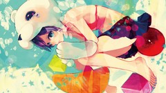 Anime barefoot blue eyes crying short hair purple hair bikini 