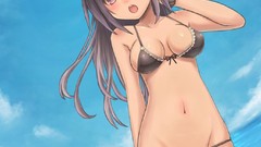 Anime Beaches blush long hair black hair open mouth purple eyes 