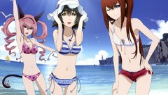 Anime Beaches legs blondes big eyes pink hair anime girls brown 