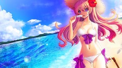 Anime Beaches pink hair anime girls blue eyes bikini