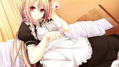 Anime beds red eyes blondes long hair maids animal ears cat 