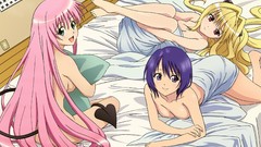 Anime beds red eyes blondes pillows blue hair pink hair long 