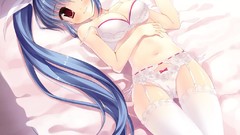 Anime beds red eyes blue hair anime girls bra underwear panties