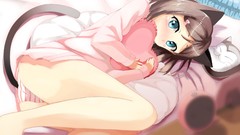 Anime beds shirts pillows blush anime girls blue eyes indoors 