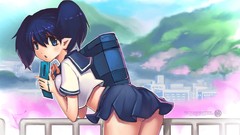 Anime blue hair blue eyes phones seifuku