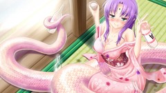 Anime blush green eyes purple hair cleavage