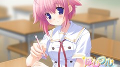 Anime blush pink hair blue eyes school uniforms short hair 