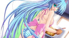 Anime bows blush blue hair long hair hatsune miku vocaloid 