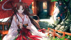 Anime brown anime girls green eyes miko Japanese clothes
