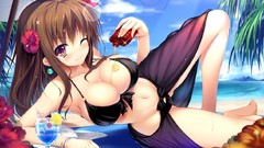 Anime brown navel Beaches blush long hair barefoot anime girls 